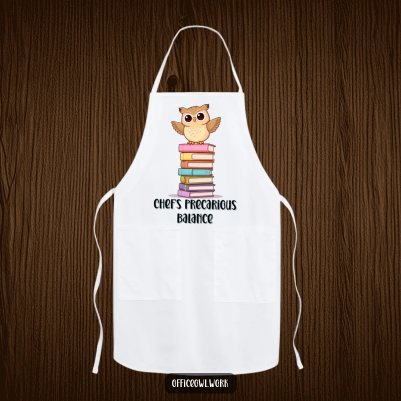 Funny kitchen apron featuring a playful owl balancing precariously on a tall stack of pastel folders.