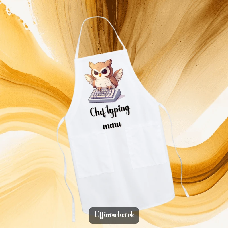 Funny kitchen apron featuring an owl enthusiastically typing on a miniature keyboard, ready for culinary action.