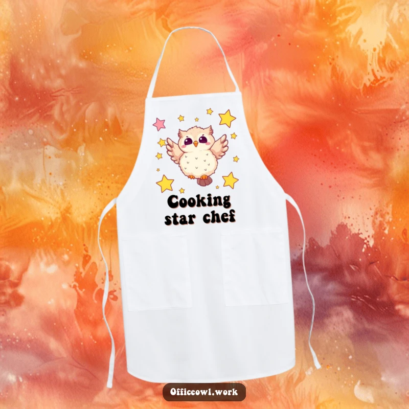 Funny owl apron showing a fluffy kawaii owl joyfully soaring through a sky filled with star-shaped sticky notes, perfect for a whimsical cooking experience.