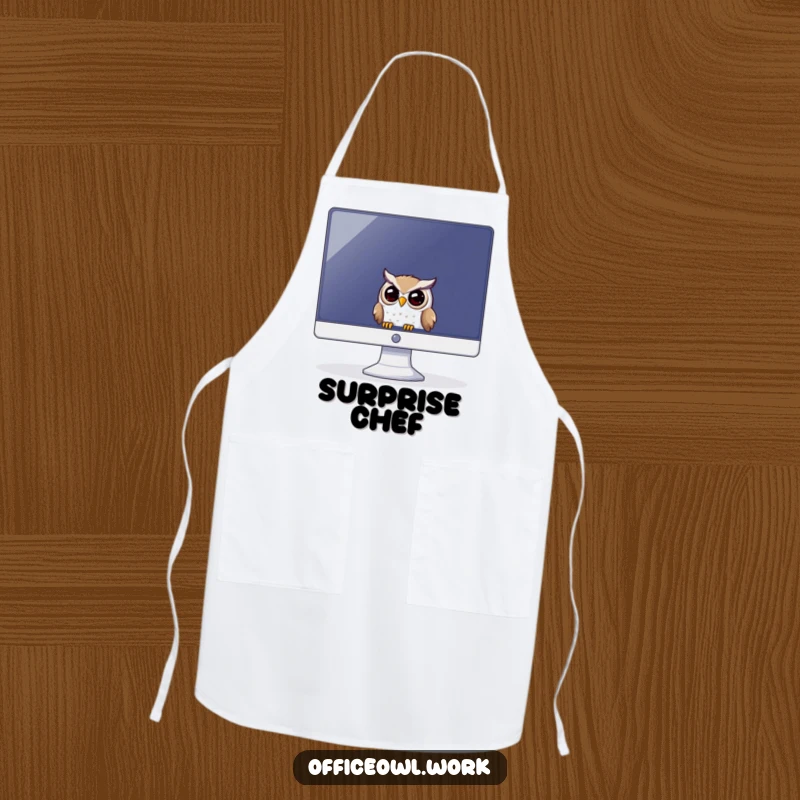 Funny kitchen apron featuring a playful owl peeking from behind a large computer monitor.