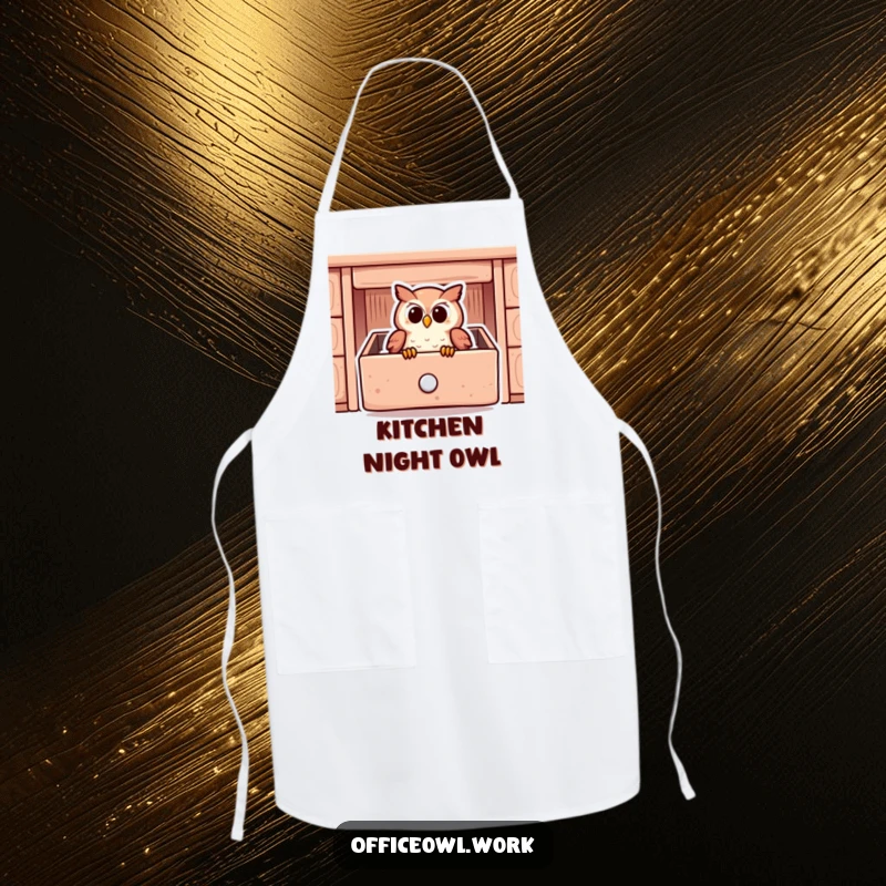 Funny kitchen apron featuring a snugly owl hiding inside a stylized desk drawer, ready for culinary tasks.