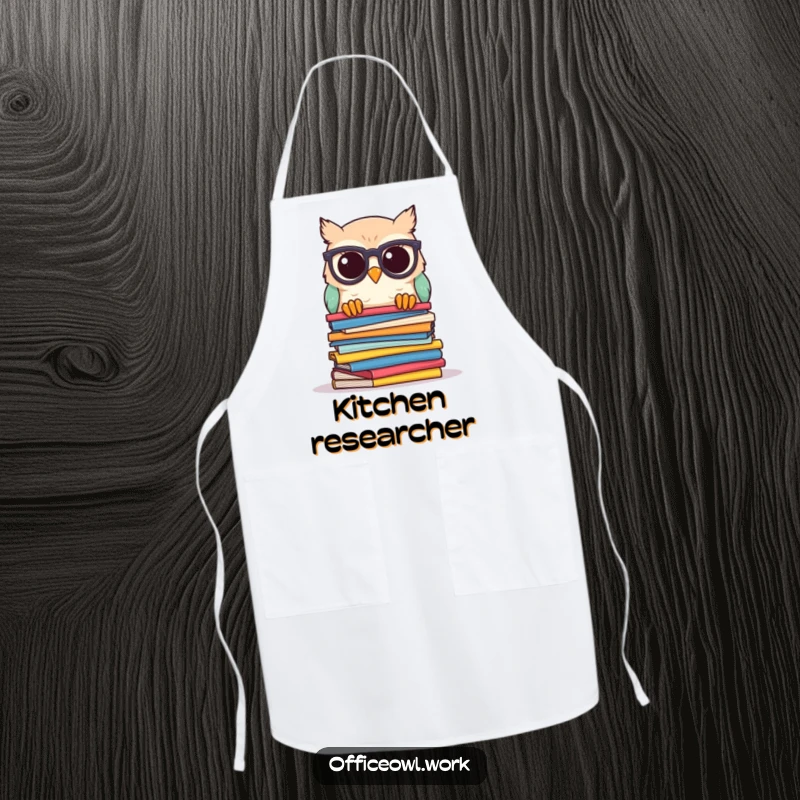 Funny owl apron showing a kawaii owl with spectacles, peeking over a stack of colorful papers, perfect for a humorous cooking experience.
