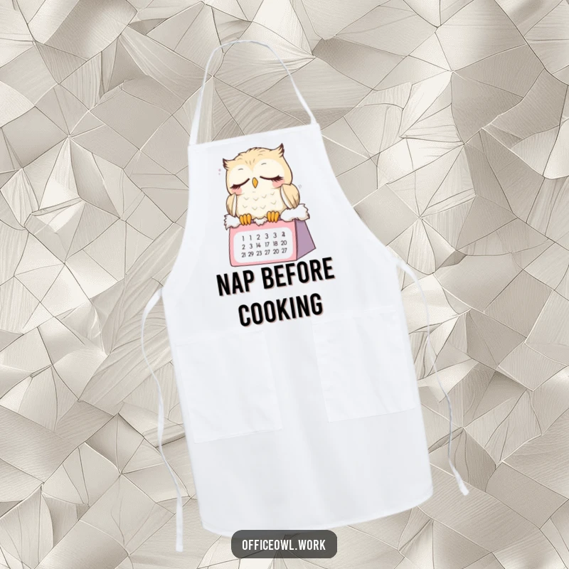 Funny sleepy owl apron showing a cute bird dozing on a calendar, ideal for cooking or baking with a touch of sleepy humor.