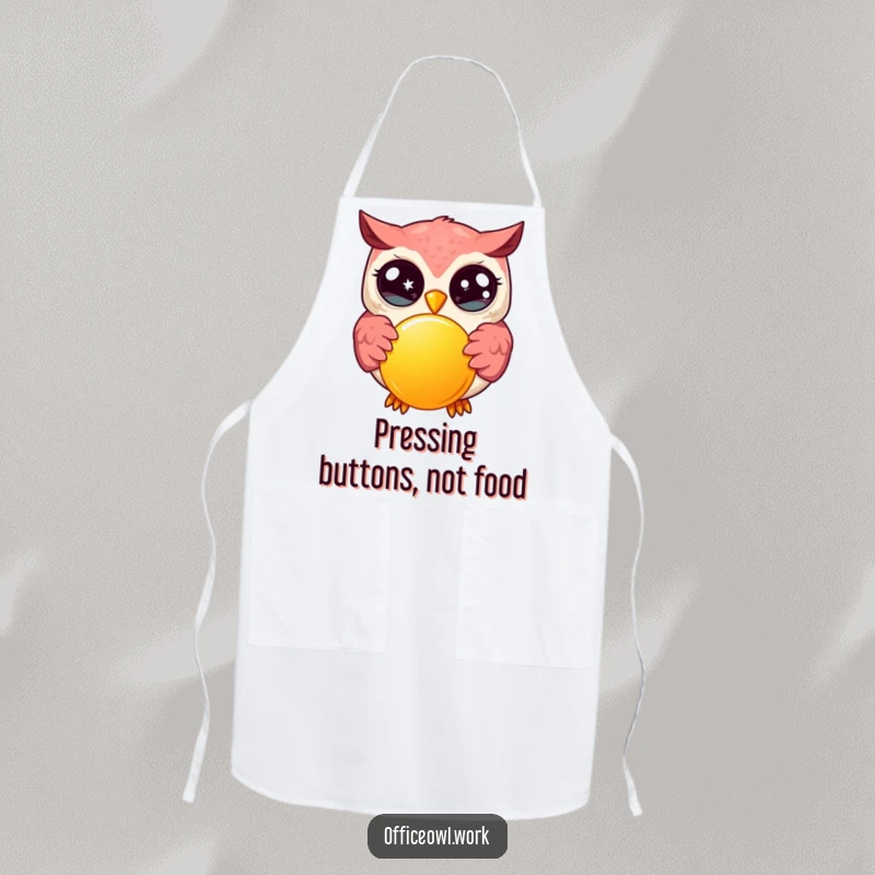 Funny kawaii owl with wide, sparkling eyes, enthusiastically pressing a large, bright button, featured on a humorous kitchen apron.