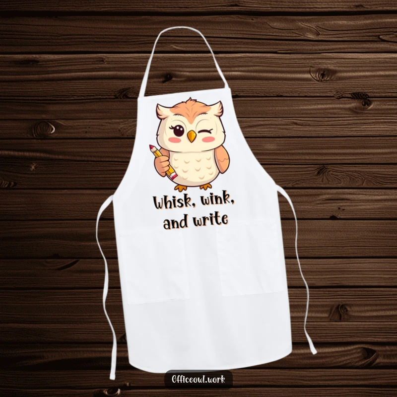 Funny cheerful kawaii owl giving a playful wink while holding a tiny, stylized pencil on a humorous kitchen apron.
