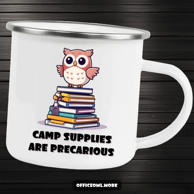 Funny kawaii owl precariously balancing on a teetering pile of office supplies, on a sturdy camping mug.