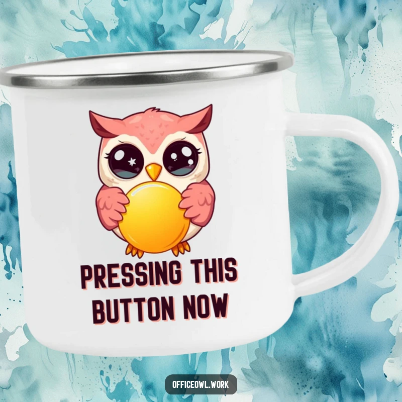 Funny kawaii owl with wide, sparkling eyes, enthusiastically pressing a large, bright button on a sturdy camping mug.