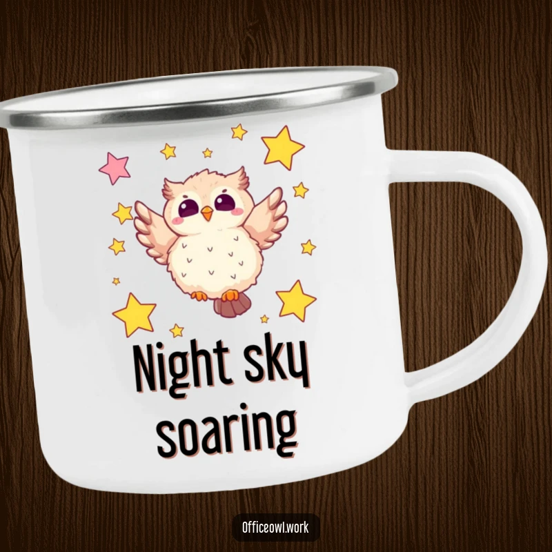 Funny owl camping mug featuring a fluffy kawaii owl soaring among star-shaped sticky notes, perfect for enjoying drinks outdoors humorously.