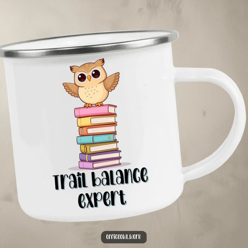Funny camping mug showing a playful owl balancing precariously on a tall stack of pastel folders.