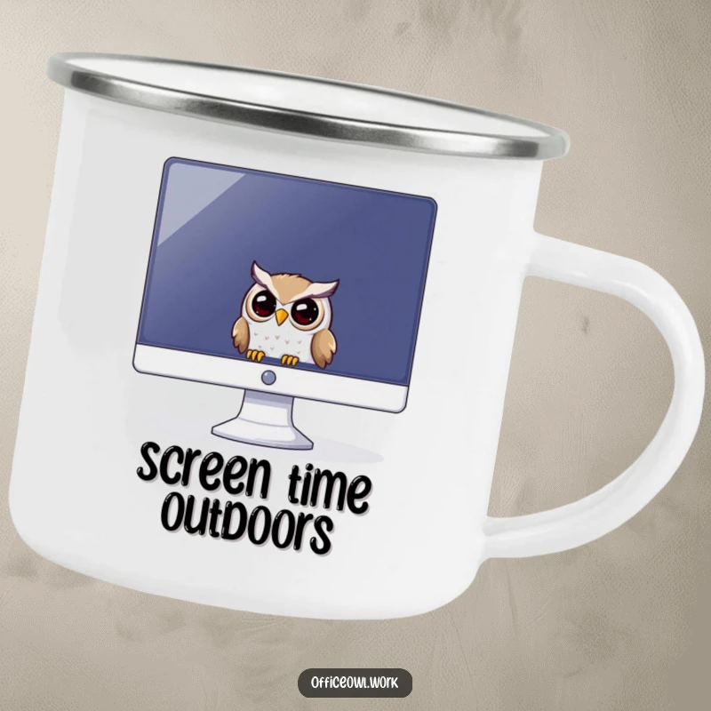 Funny camping mug showing a playful owl peeking from behind a large computer monitor, ready for outdoor tasks.