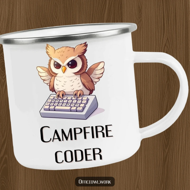 Funny camping mug showing an owl enthusiastically typing on a miniature keyboard, ready for outdoor tasks.