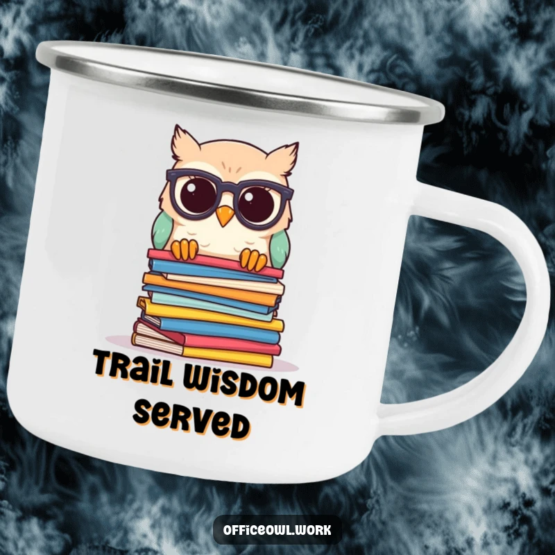 Funny owl camping mug featuring a kawaii owl with spectacles, peeking over stack of papers, perfect for enjoying drinks outdoors humorously.