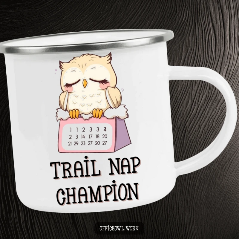 Funny sleepy owl camping mug showing a cute bird dozing on a calendar, durable for adventures and bringing laughter to your campsite.