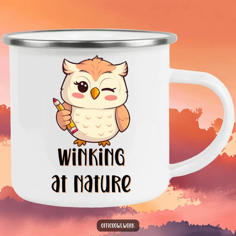 Funny cheerful kawaii owl giving a playful wink while holding a tiny, stylized pencil on a sturdy camping mug.