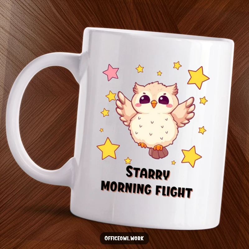 Funny owl mug featuring a fluffy kawaii owl joyfully soaring through a sky filled with star-shaped sticky notes, conveying whimsical freedom.