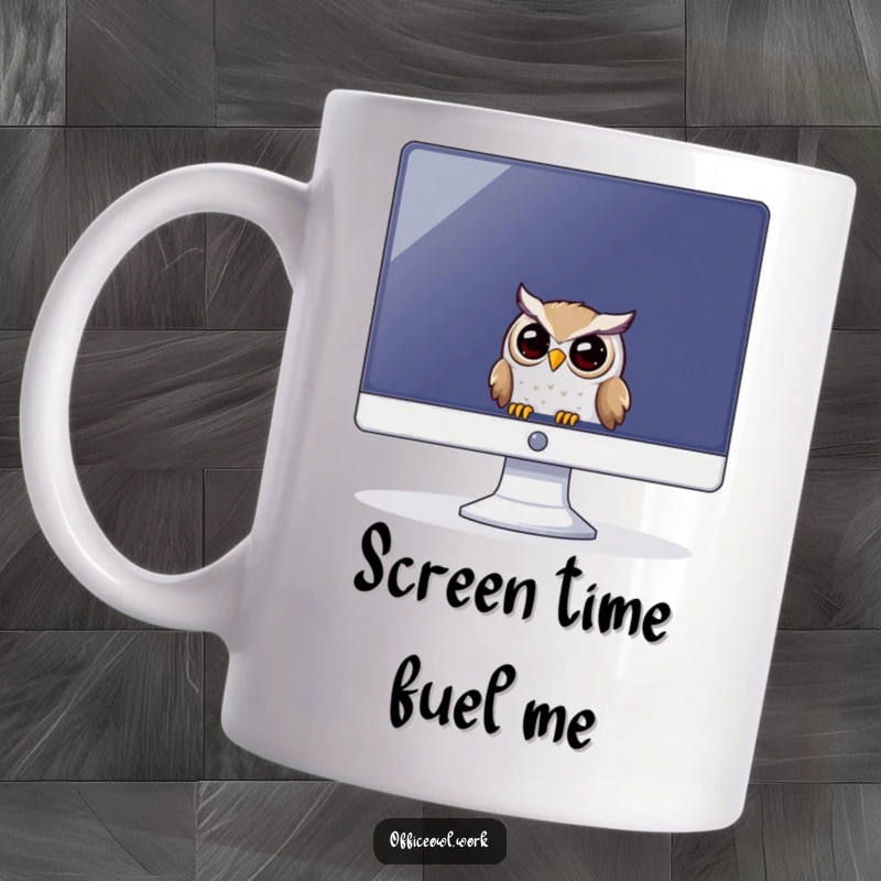 Funny mug depicting a playful owl curiously peeking from behind the edge of a large computer monitor screen.