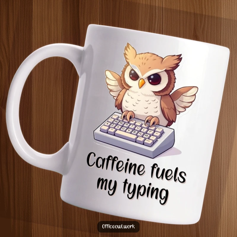 Funny mug showing an enthusiastic owl typing rapidly on a miniature keyboard, its feathered wings blurred with motion.