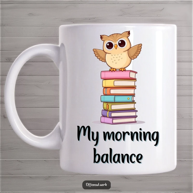 Funny mug depicting a playful owl attempting precarious balance atop a tall, teetering stack of pastel-colored folders.