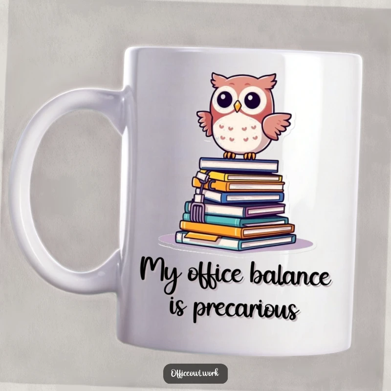 Funny kawaii owl precariously balancing on a teetering pile of office supplies, on a humorous mug.