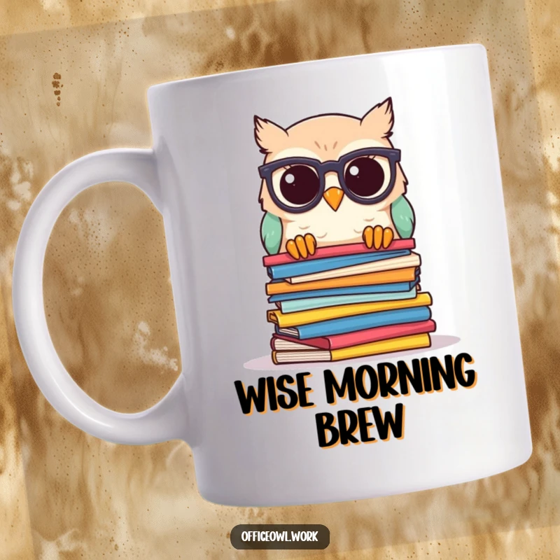 Funny owl mug featuring a kawaii owl wearing spectacles, peeking curiously over a large stack of colorful papers, looking studious.