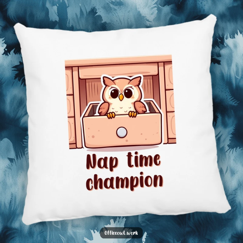 Funny decorative pillow showing a content owl snuggled deeply inside a cozy, stylized desk drawer.
