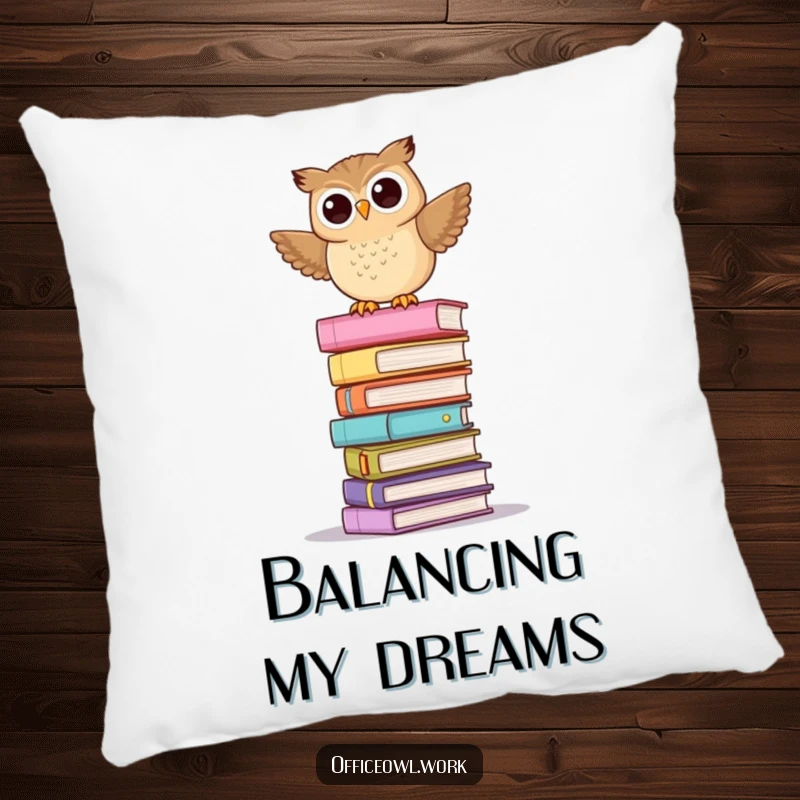 Funny decorative pillow showing a playful owl balancing precariously on a tall stack of pastel folders.