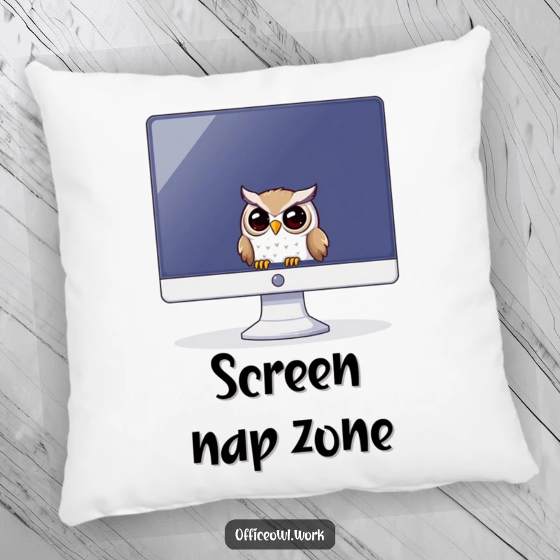 Funny decorative pillow showing a playful owl peeking out from behind a large computer monitor.