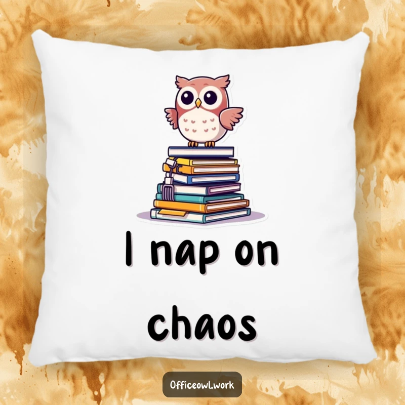 Funny kawaii owl precariously balancing on a teetering pile of office supplies, on a soft, decorative pillow.