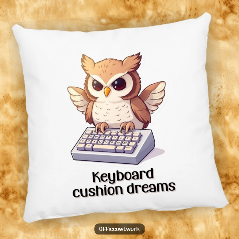 Funny decorative pillow showing an owl enthusiastically typing on a miniature keyboard, wings poised.
