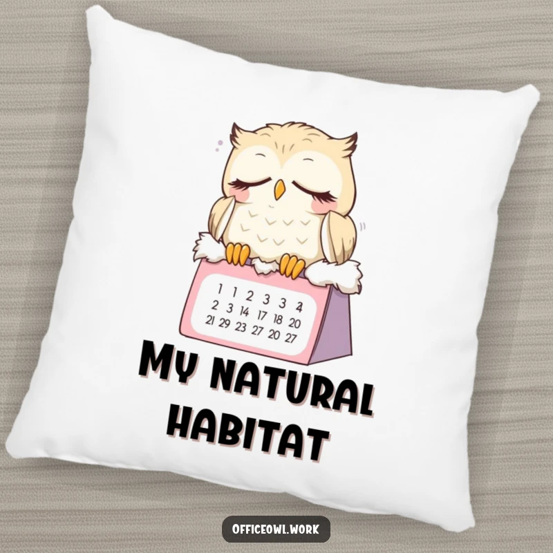 Funny sleepy owl pillow featuring a cute bird napping on a calendar, offering comfort and a humorous, relaxed vibe for any room.