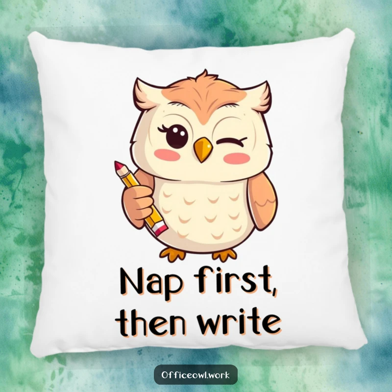 Funny cheerful kawaii owl giving a playful wink while holding a tiny, stylized pencil on a soft, decorative pillow.