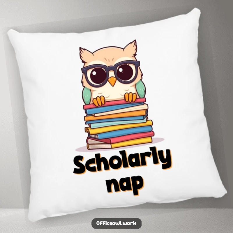 Funny owl pillow featuring a kawaii owl with spectacles, peeking over stack of papers, offering comfort and comical scholarly appeal.
