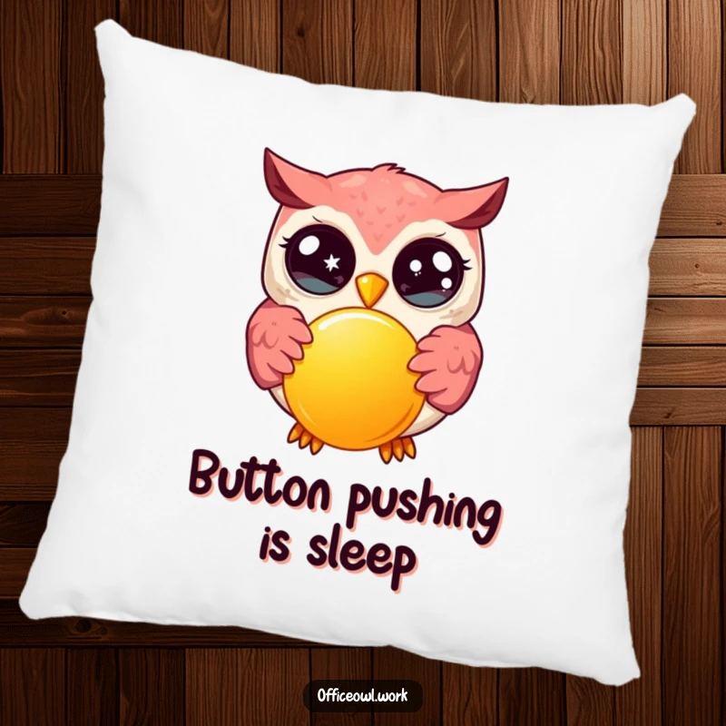 Funny kawaii owl with wide, sparkling eyes, enthusiastically pressing a large, bright button on a soft, decorative pillow.