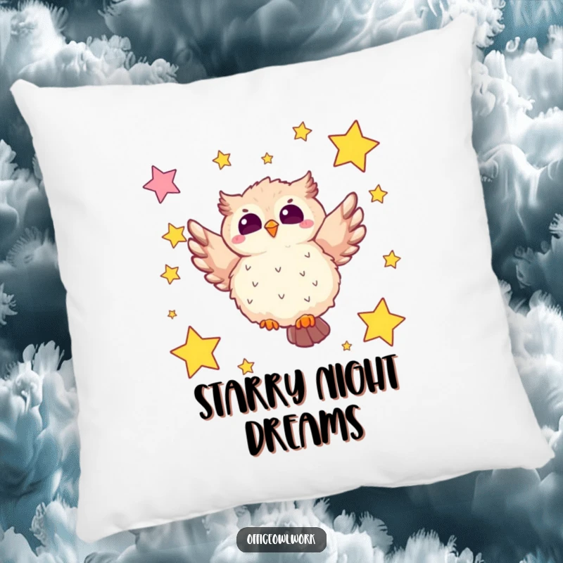 Funny owl pillow featuring a fluffy kawaii owl soaring among star-shaped sticky notes, offering comfort and comical whimsical appeal.