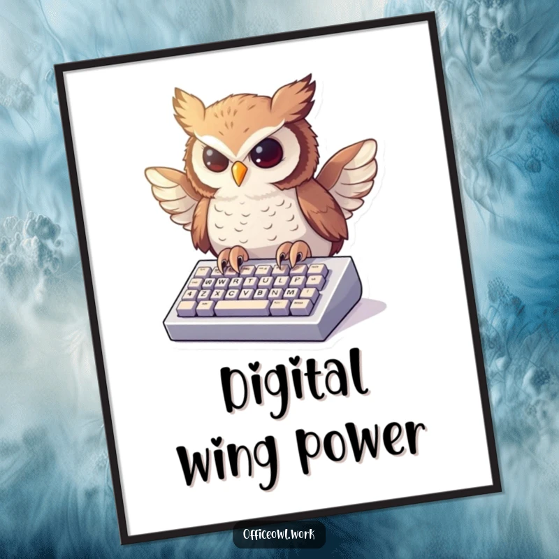 Funny digital art print of an owl enthusiastically typing on a miniature keyboard, wings slightly raised.