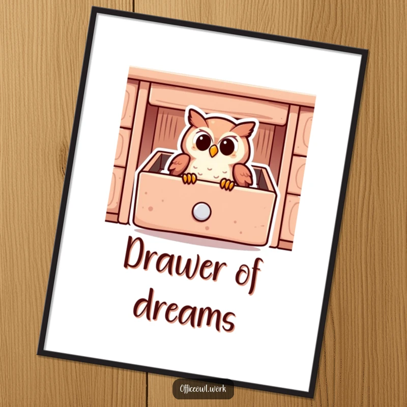 Funny digital art print of a content owl snuggled warmly inside a stylized desk drawer.