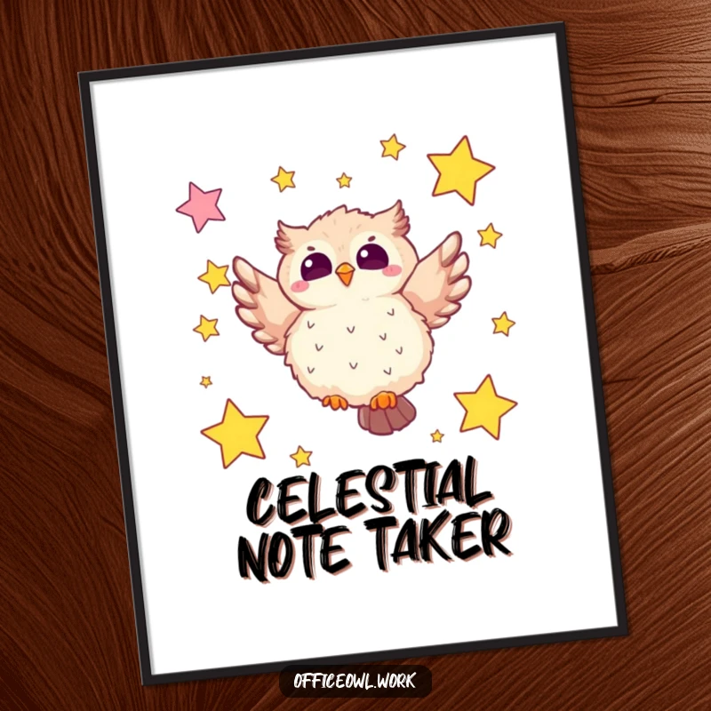 Funny owl digital art print of a fluffy kawaii owl soaring through star-shaped sticky notes, perfect for whimsical wall decor.