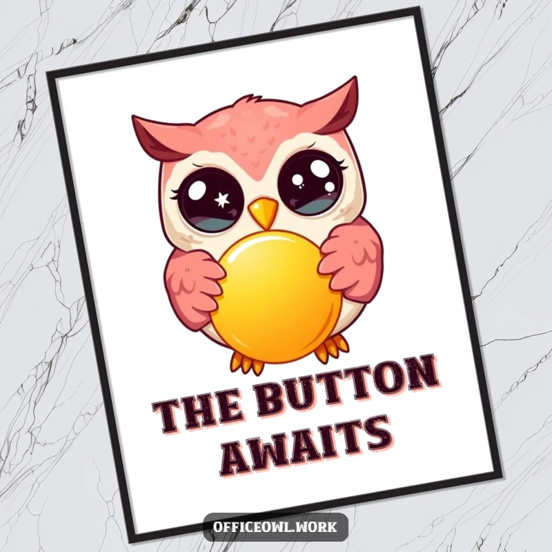 Funny kawaii owl with wide, sparkling eyes, enthusiastically pressing a large, bright button, presented as a downloadable digital art print.