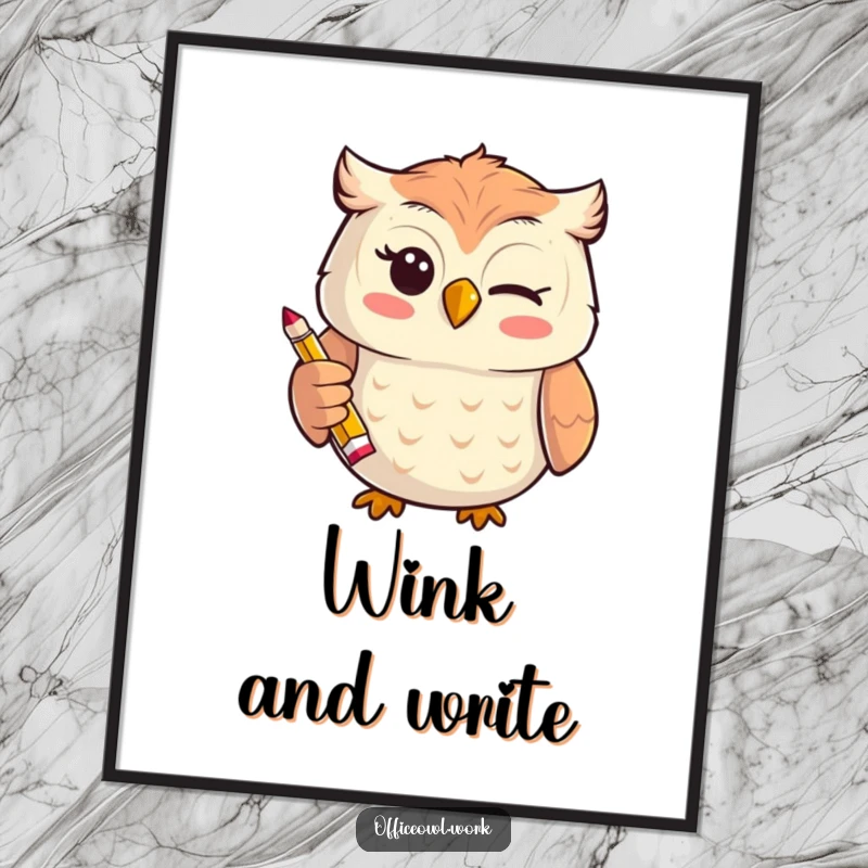 Funny cheerful kawaii owl giving a playful wink while holding a tiny, stylized pencil, presented as a downloadable digital art print.