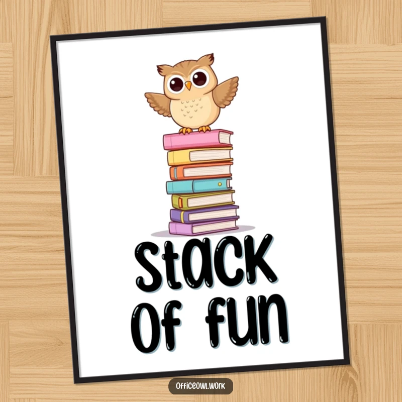 Funny digital art print of a playful owl balancing precariously on a tall stack of pastel folders.
