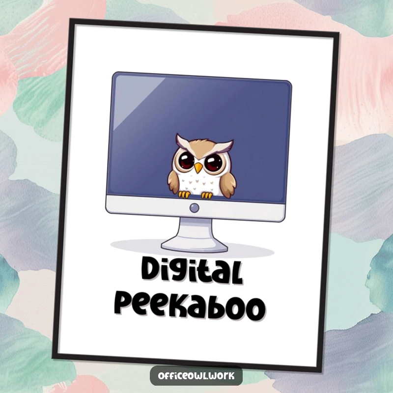 Funny digital art print of a playful owl peeking from behind a large computer monitor screen.