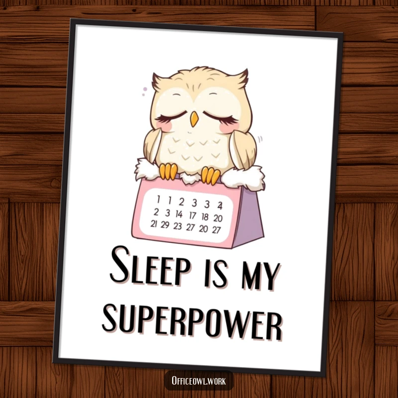 Funny sleepy owl digital art print of a cute bird napping on a calendar, perfect for adding a touch of sleepy humor to any digital display.