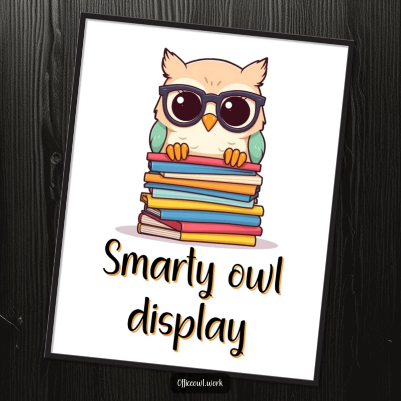 Funny owl digital art print of a kawaii owl with spectacles, peeking over papers, perfect for whimsical scholarly wall decor.