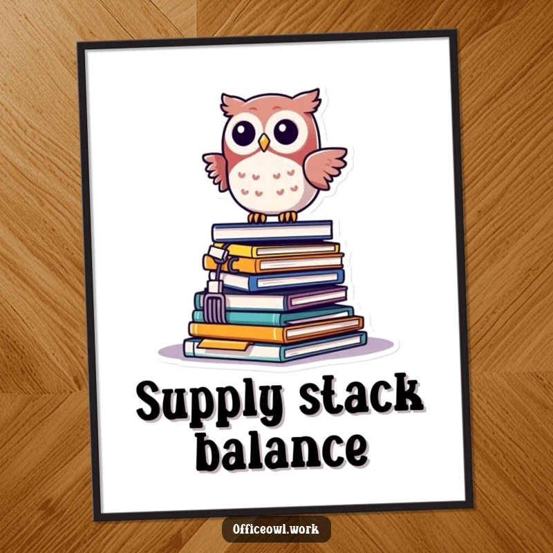 Funny kawaii owl precariously balancing on a teetering pile of office supplies, presented as a downloadable digital art print.