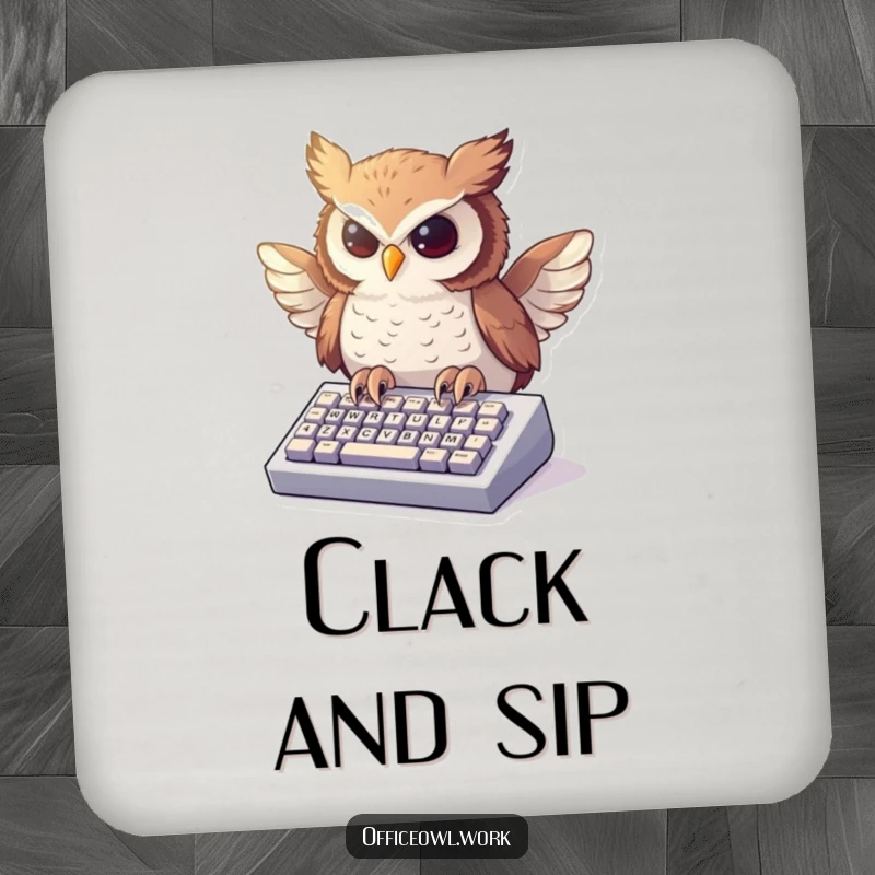 Funny drink coaster with an owl typing enthusiastically on a miniature keyboard, protecting your surfaces.