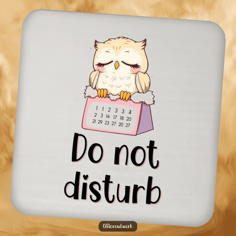 Funny sleepy owl drink coaster featuring a cute bird dozing on a calendar, protecting surfaces with sleepy charm and humor.