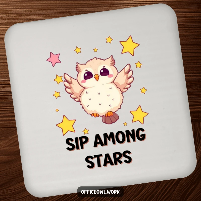 Funny owl coaster showing a fluffy kawaii owl soaring among star-shaped sticky notes, protecting surfaces with humorous whimsical appeal.