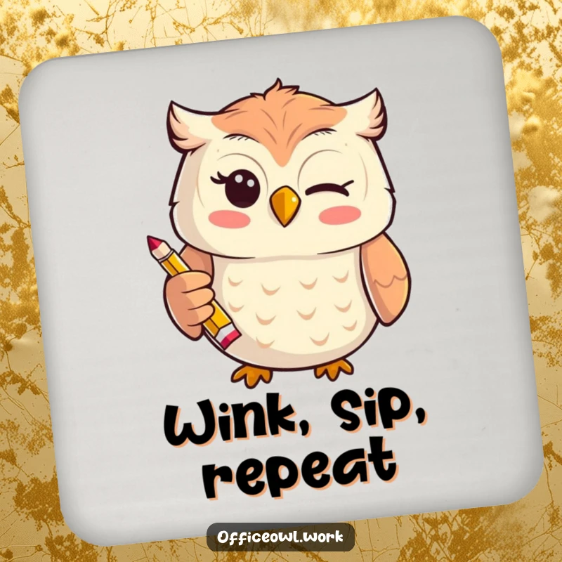 Funny cheerful kawaii owl giving a playful wink while holding a tiny, stylized pencil on a humorous drink coaster.