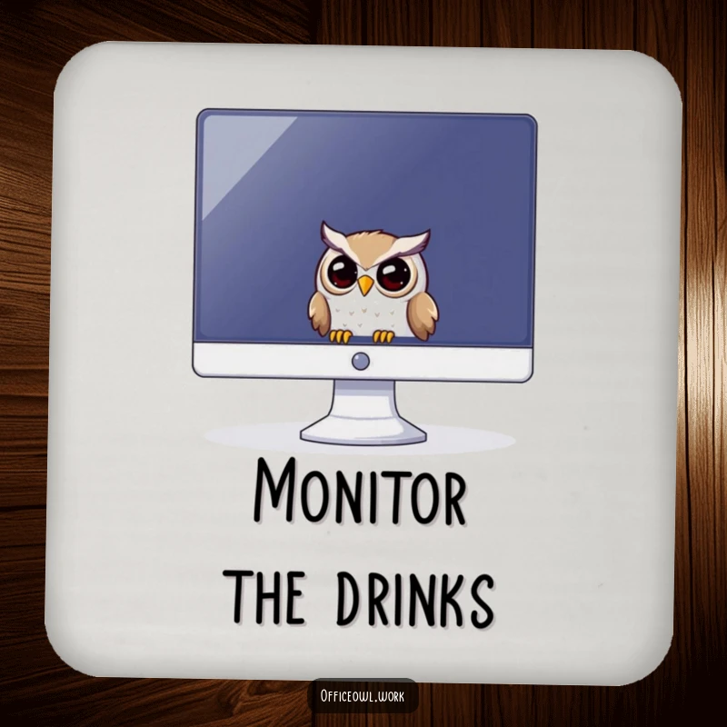 Funny drink coaster with a playful owl peeking from behind a large computer monitor.
