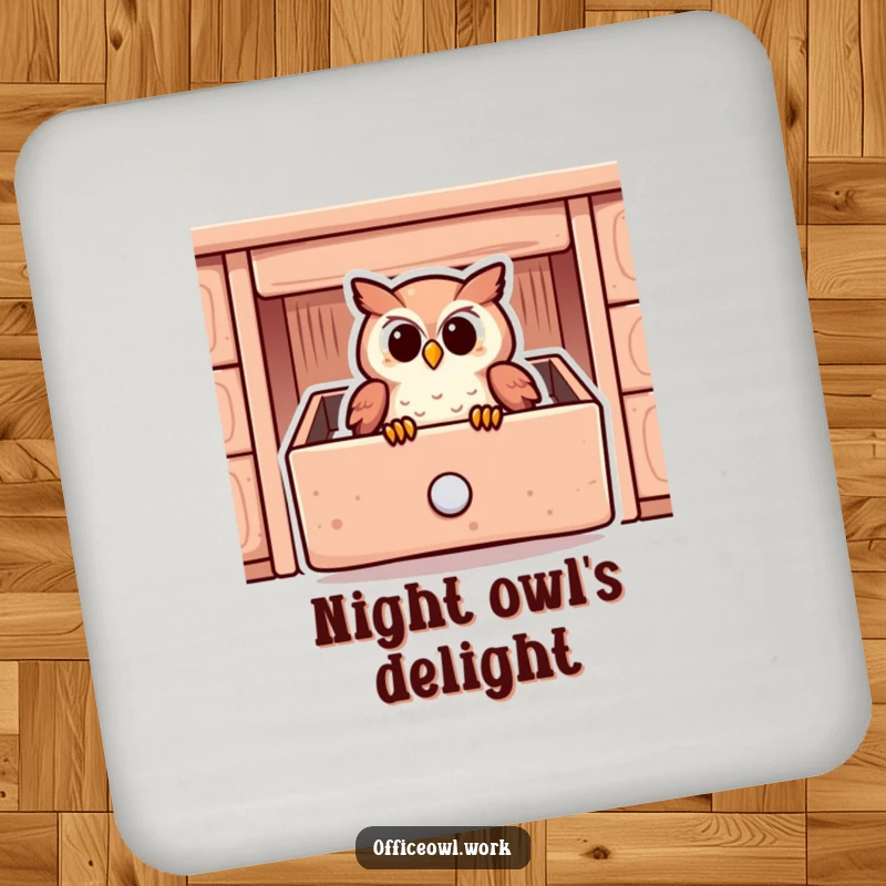 Funny drink coaster with a content owl snuggled inside a stylized desk drawer, protecting your surfaces.